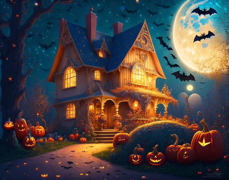 Victorian-style house with Halloween decorations, pumpkins, bats under full moon