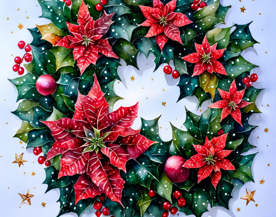 Vibrant red poinsettias watercolor painting on white background