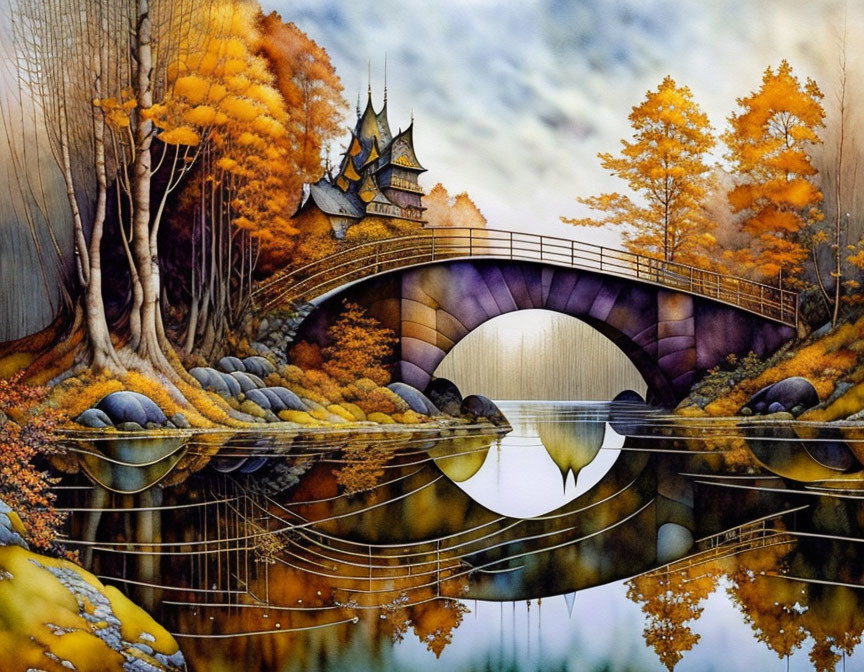 Autumnal scene with bridge, castle, and river reflections.