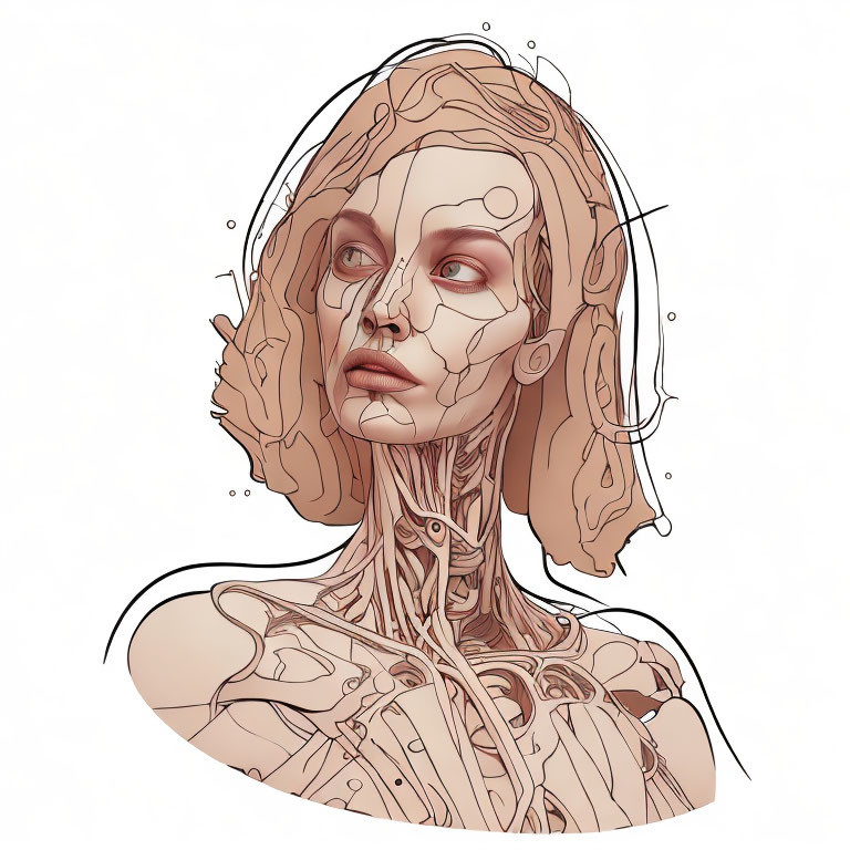 Detailed Illustration: Woman with Mechanical and Organic Anatomy Against Plain Background