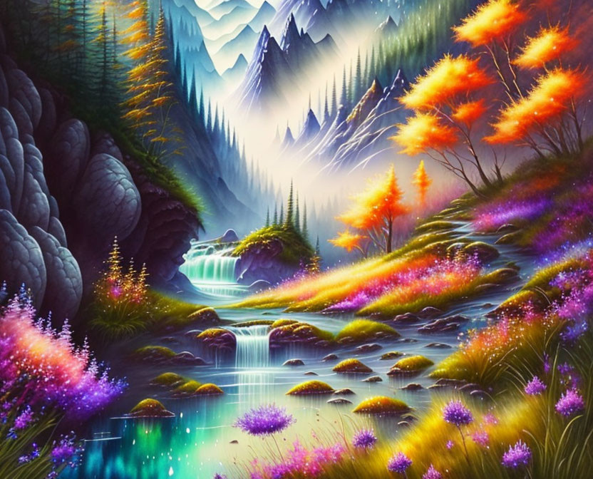 Colorful Fantasy Landscape with Waterfall, River, and Mountains