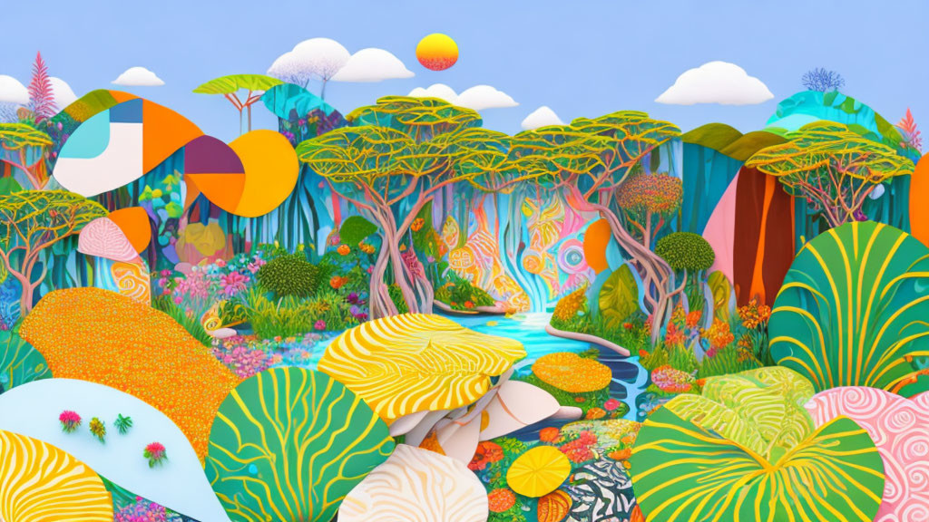 Colorful Landscape with Oversized Mushrooms, Patterned Hills, and Two Suns