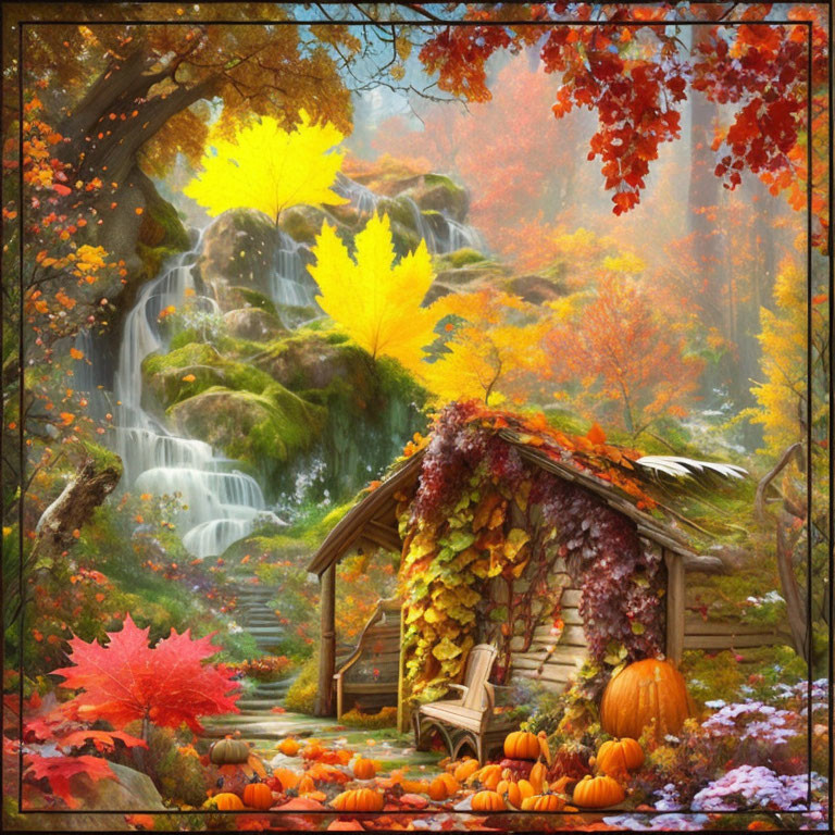 Autumn Waterfall Scene with Wooden Cabin and Pumpkins