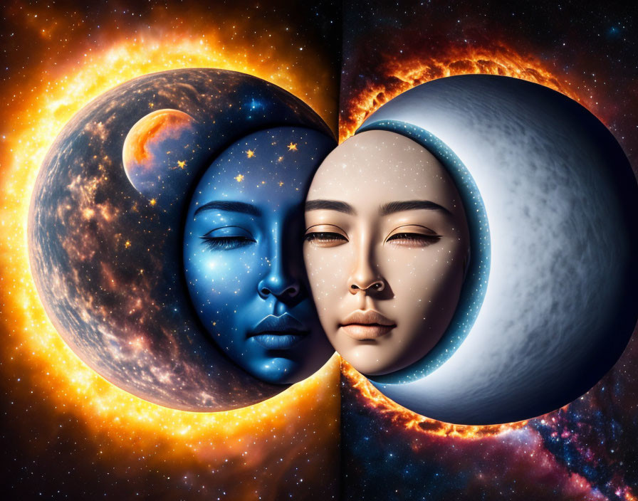 Celestial sun and moon faces touching amid stars and galaxies