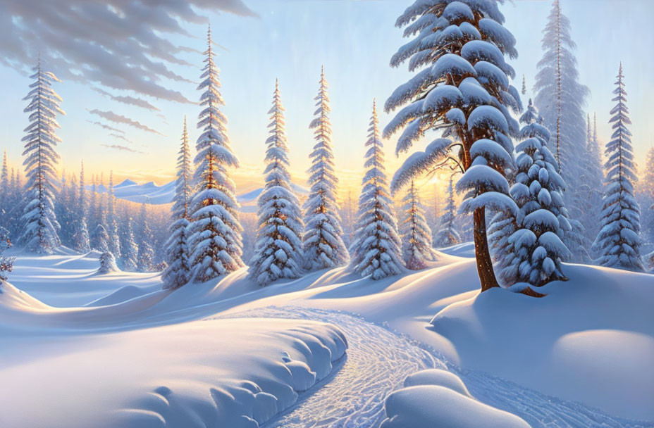 Winter landscape with snow-covered trees and footprints in serene setting