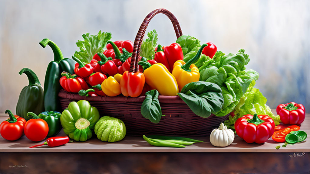 Colorful Still Life Painting of Fresh Vegetables Basket