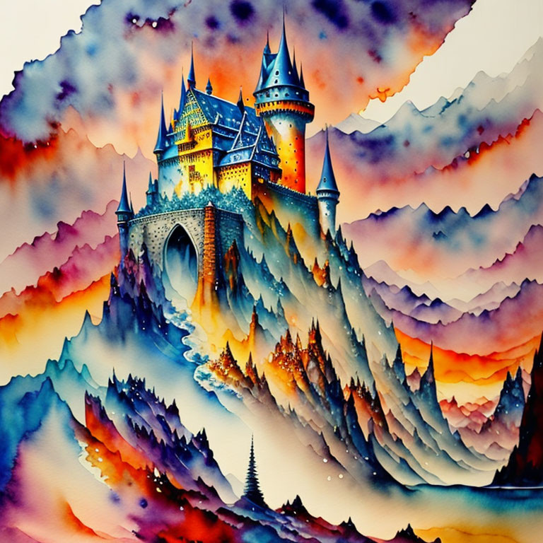 Vibrant watercolor painting of illuminated castle on ridge with layered mountains under colorful sky