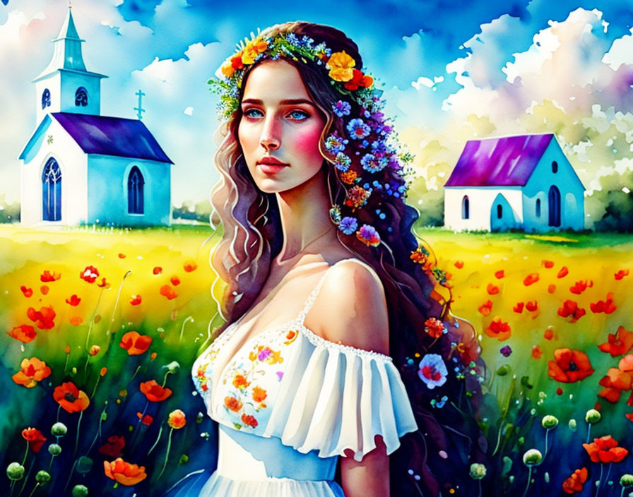 Vibrant illustration of woman in floral wreath in field with chapels