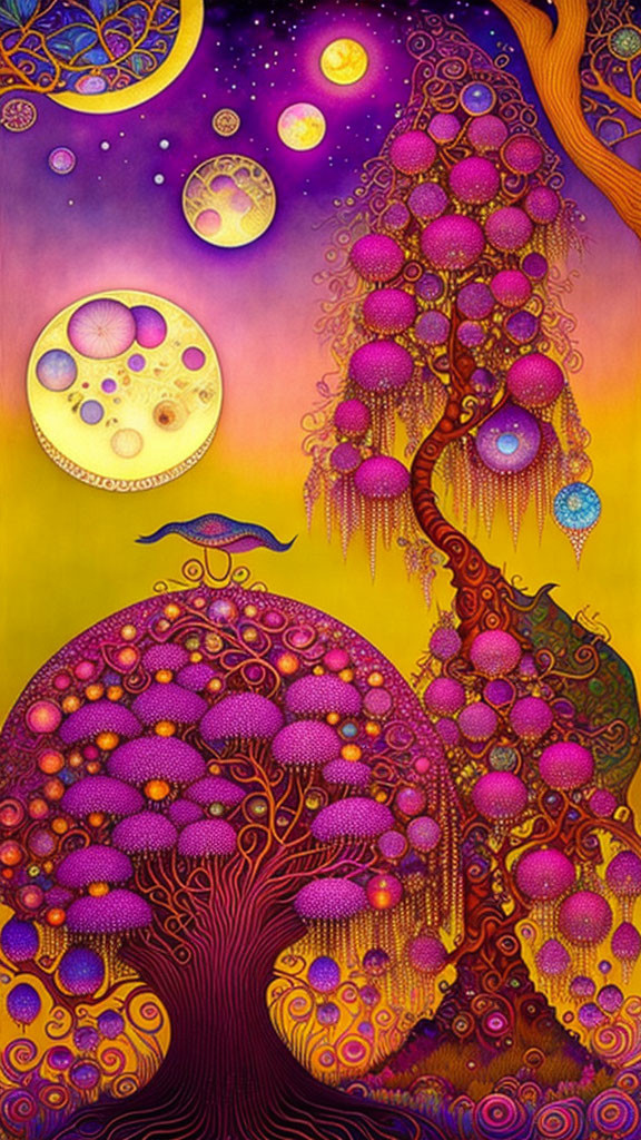 Colorful psychedelic artwork: Whimsical trees and planets