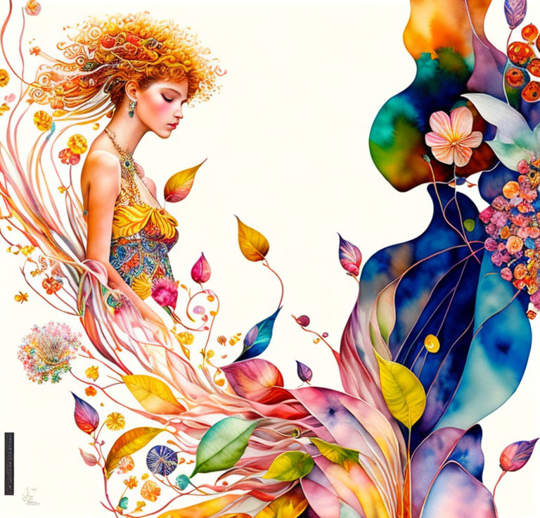 Colorful Woman Illustration with Floral Hair and Swirling Patterns