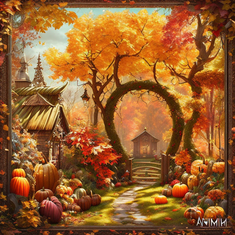 Autumn scene with heart-shaped tree arch, wooden cottage, pumpkins, fall foliage, and gaze