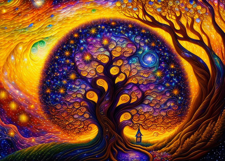 Colorful cosmic tree with swirling galaxy patterns and stars in warm colors.