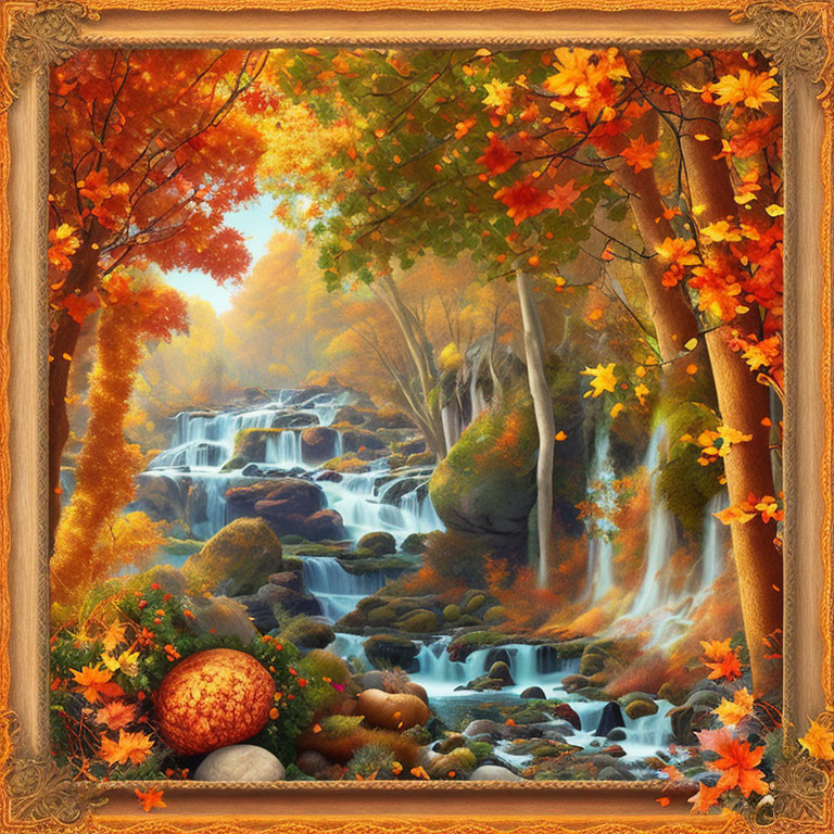 Autumnal waterfall landscape with vibrant foliage and ornate frame