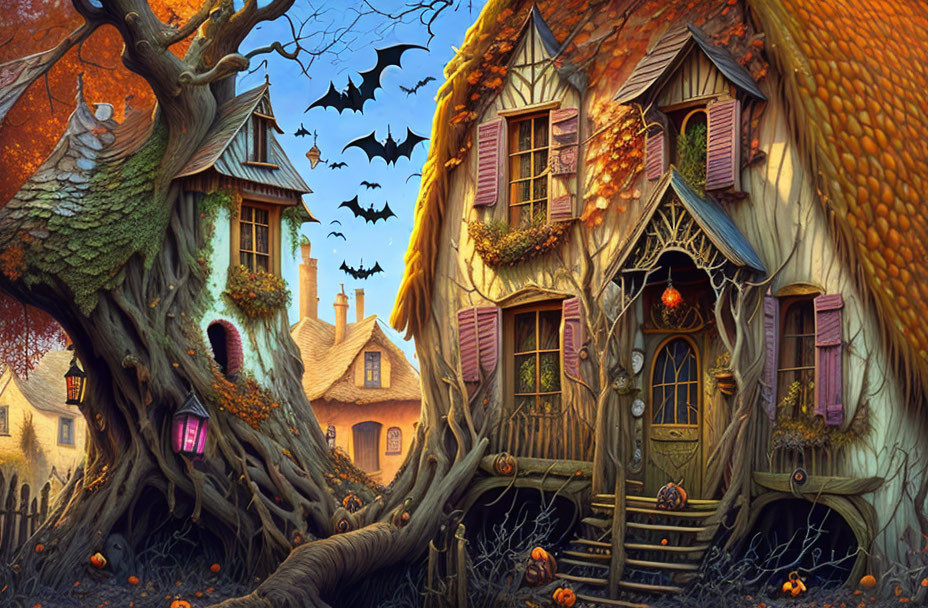 Whimsical fantasy illustration with autumn houses, pumpkins, bats, and enchanting ambiance