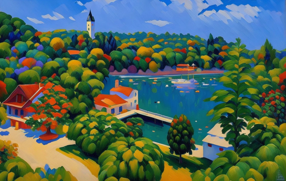 Colorful lakeside painting with church spire, houses, and boat.