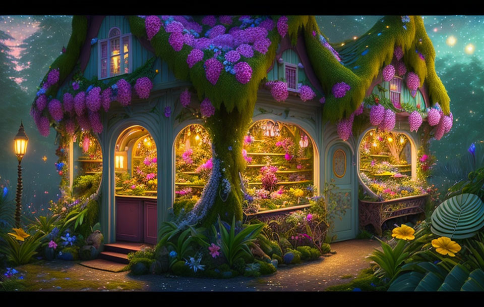 Enchanting cottage surrounded by purple flowers at twilight