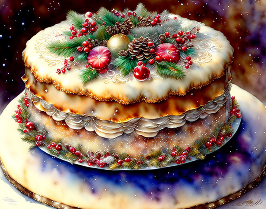 Christmas-themed cake with red berries, pine cones, and baubles on starry backdrop