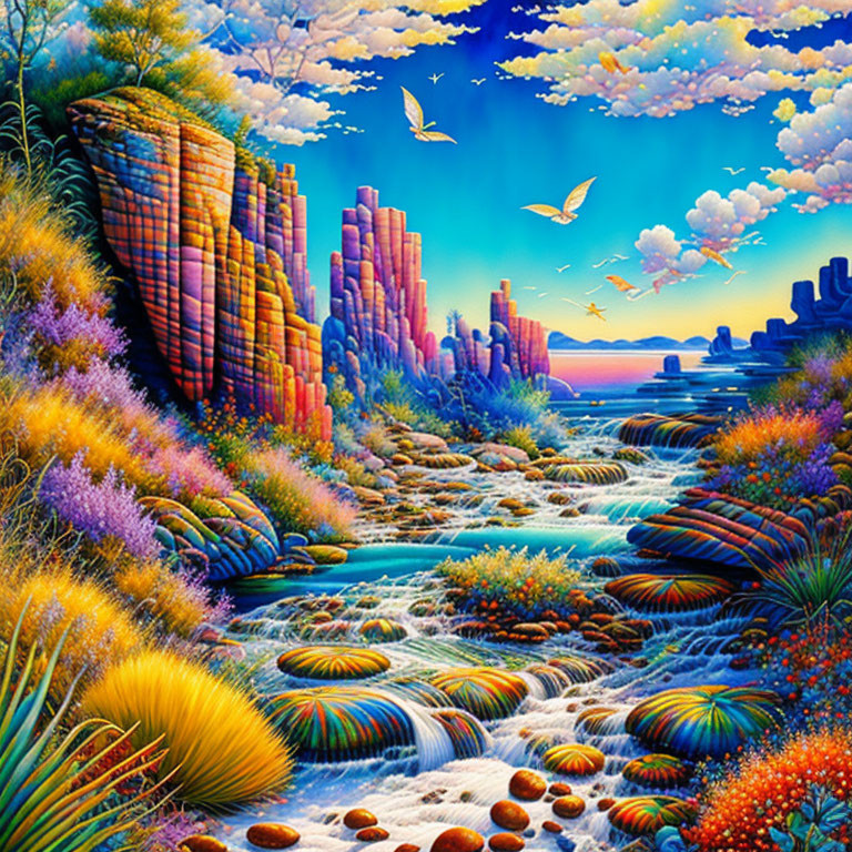 Colorful Cliff Landscape with River, Vegetation, and Sky Birds