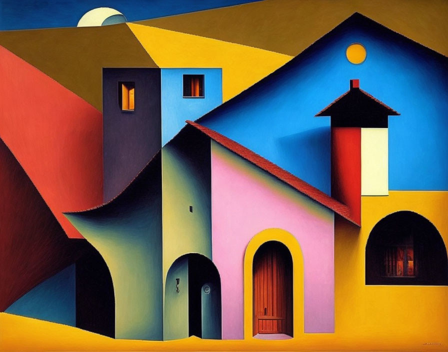 Abstract painting of colorful houses under sun and moon in blue sky