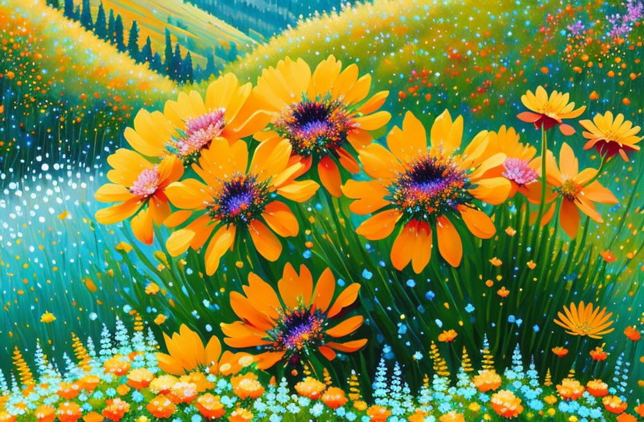 Colorful painting of yellow and orange flowers in a blue and green landscape