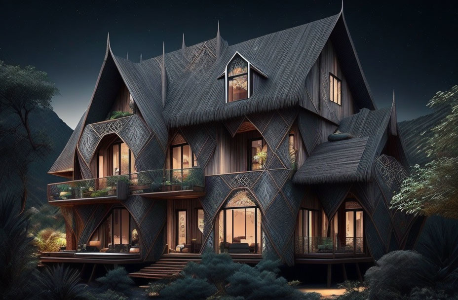 Fantasy-style multi-story house with pointed roofs in serene forest