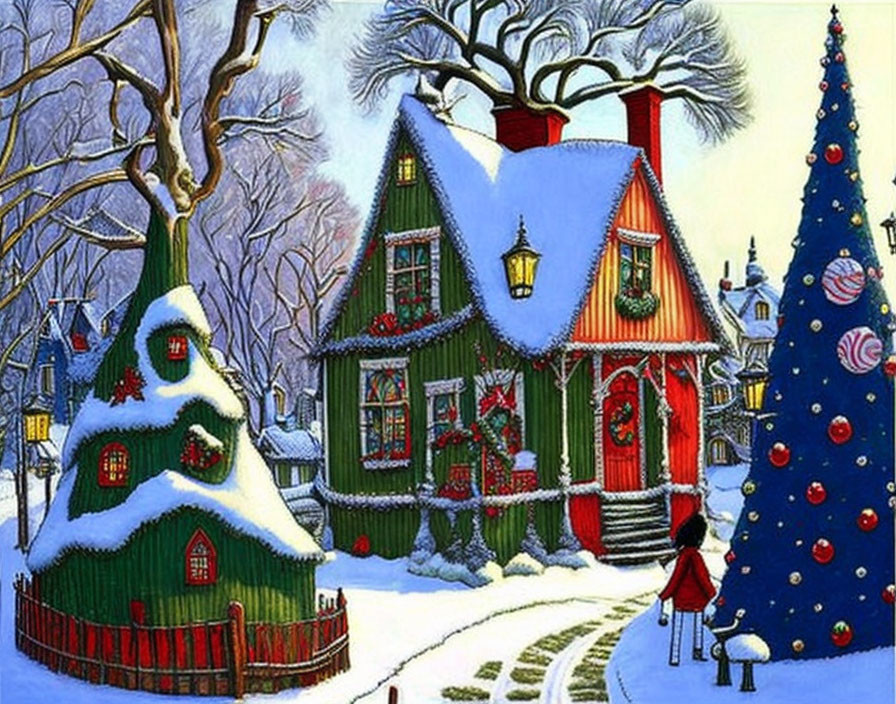 Festive winter scene with colorful houses and Christmas decorations