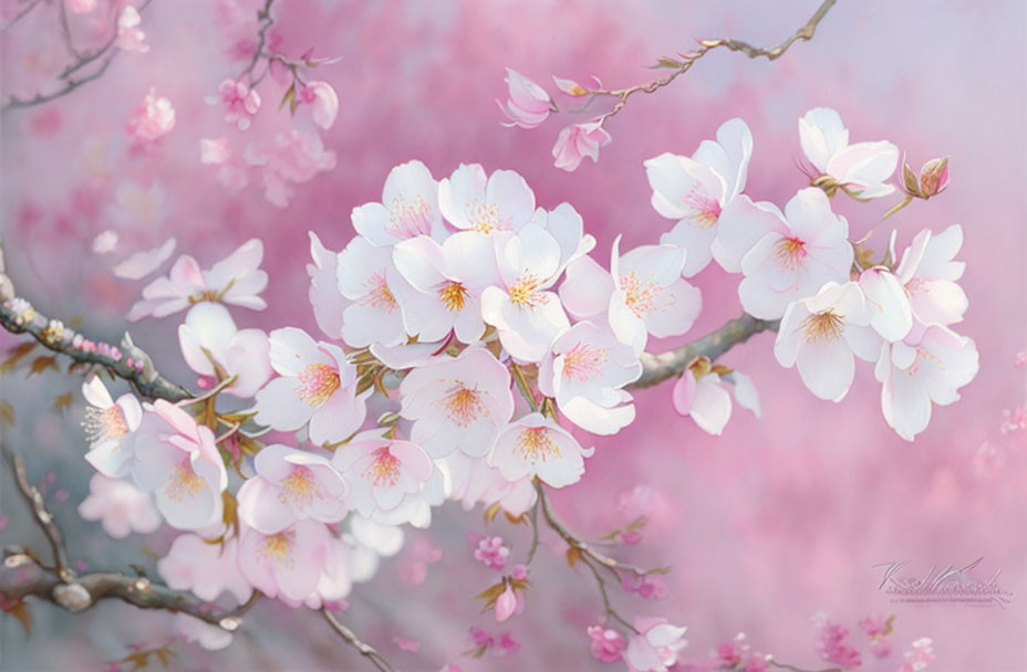 White Cherry Blossoms on Soft Pink Branches Against Dreamy Background