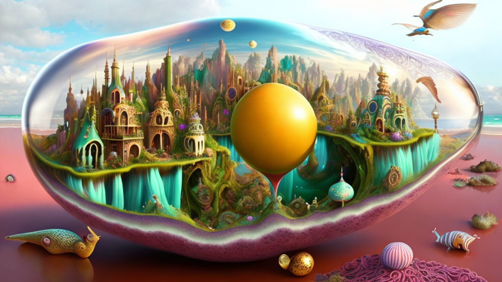 Fantastical landscape in egg-shaped structure with waterfalls and floating planets