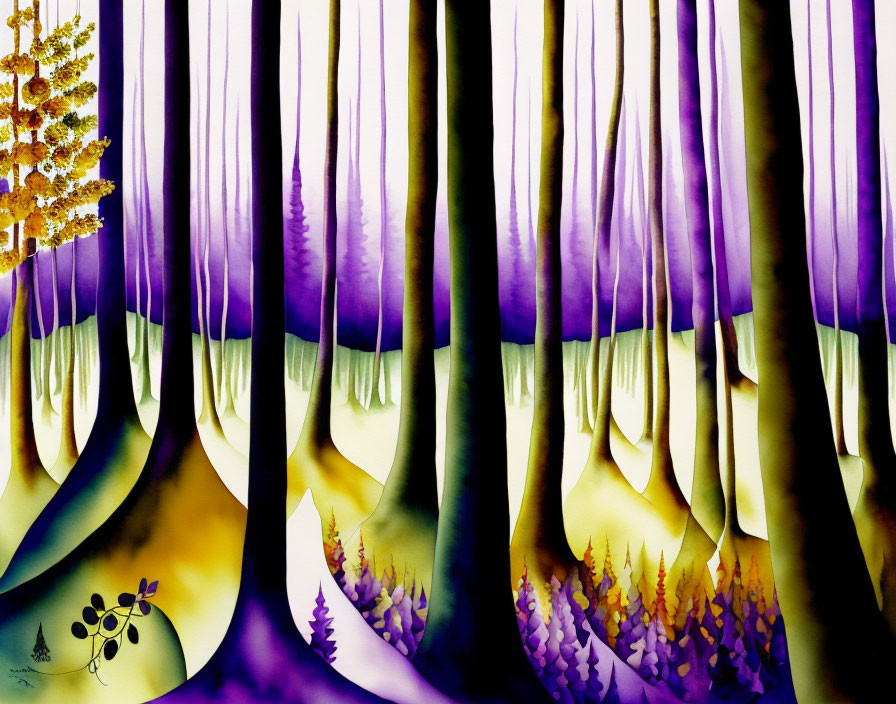 Vibrant purple and yellow abstract forest scene art