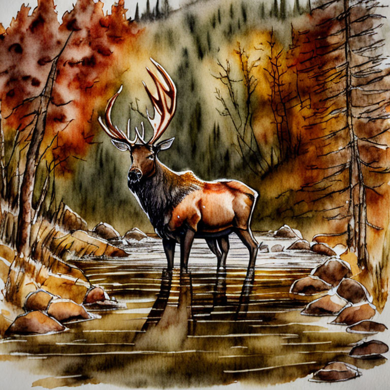 Elk in Stream Surrounded by Autumn Trees