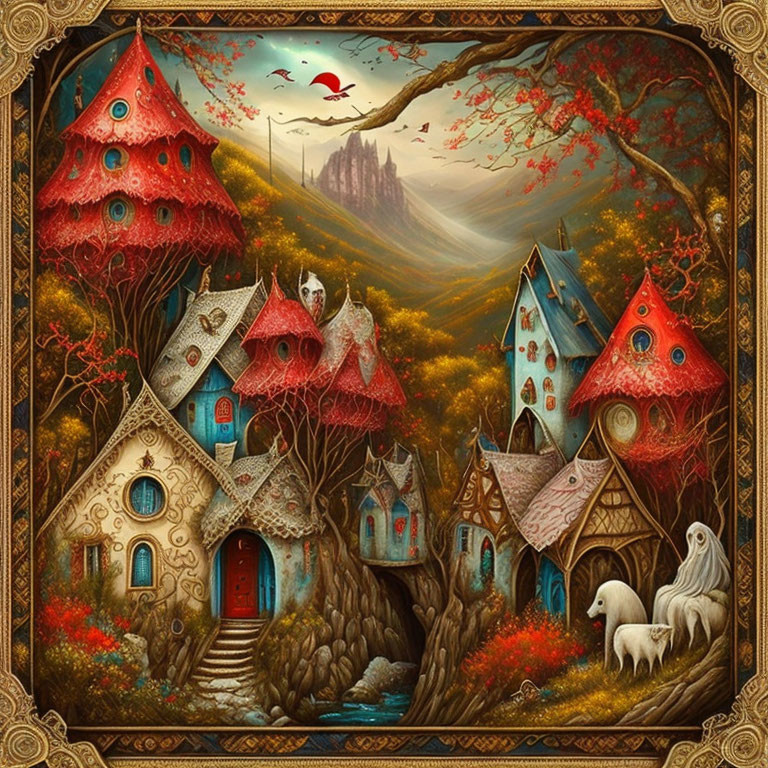 Fantasy forest artwork with mushroom houses, unicorn, and castle.