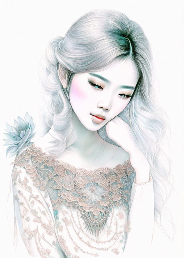 Ethereal woman with pale skin and flower illustration