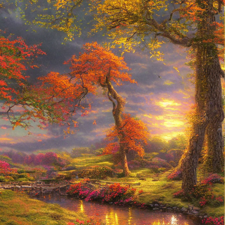 Colorful Autumn Landscape with Stream, Bridge, and Sunset