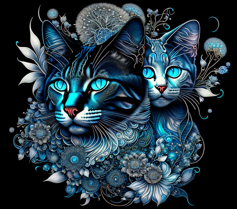 Colorful Digital Artwork: Stylized Cats with Blue Eyes in Floral Pattern