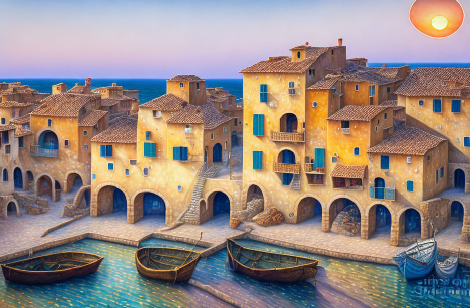 Serene seaside village: terracotta houses, cobblestone paths, moored boats, sunset