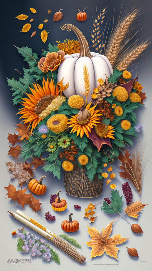 Autumnal arrangement with sunflowers, pumpkins, wheat sheaves, berries, and falling leaves