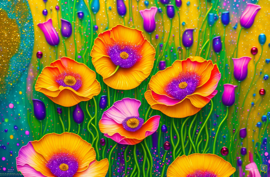 Colorful Digital Artwork: Orange and Purple Flowers with Dewdrops