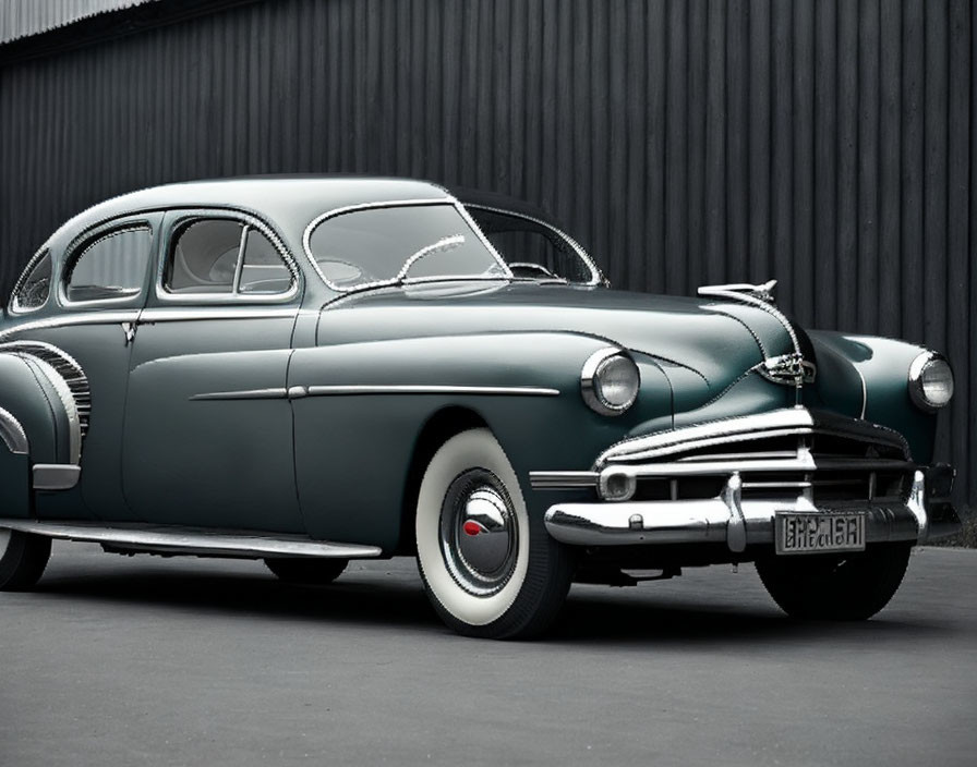 Classic Green Car Parked in Front of Dark Building