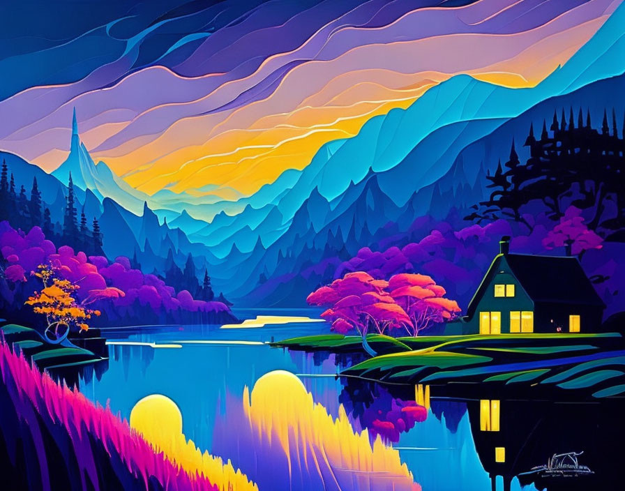 Colorful Stylized Landscape with House by Lake