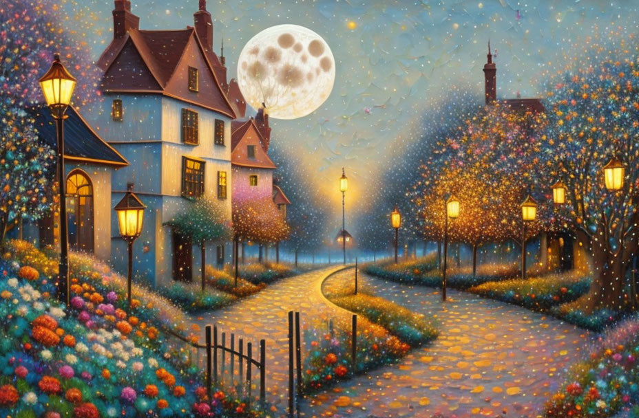 Victorian houses on cobblestone street under full moon