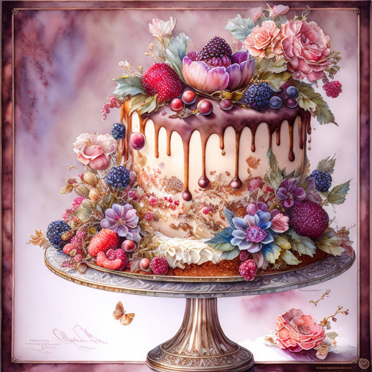 Vibrant flower and fruit adorned two-tier cake on pink marble background