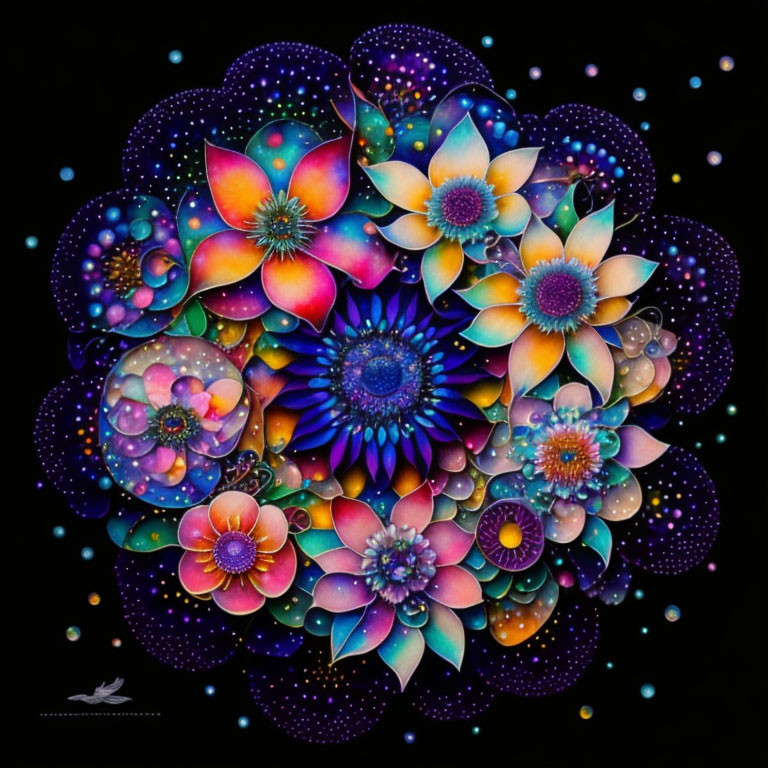 Colorful Flower Mandala on Starry Black Background