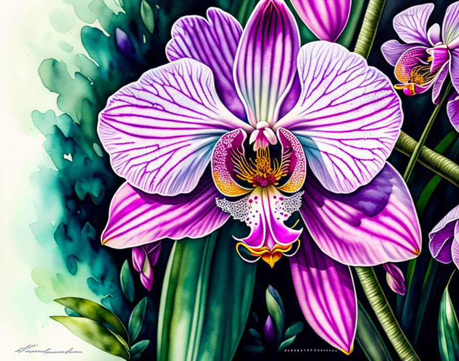 Colorful Orchid Illustration with Purple, White, Yellow, and Green Elements