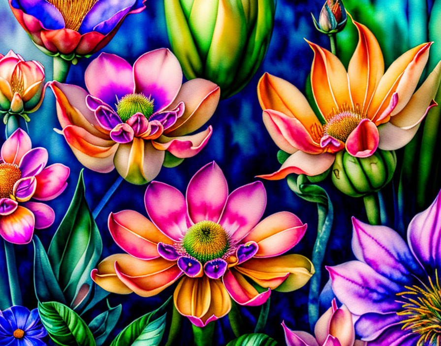 Colorful Stylized Flowers in Pink, Purple, and Blue on Dark Background