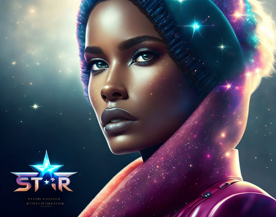 Digital artwork of woman with cosmic makeup and headwear against starry space backdrop