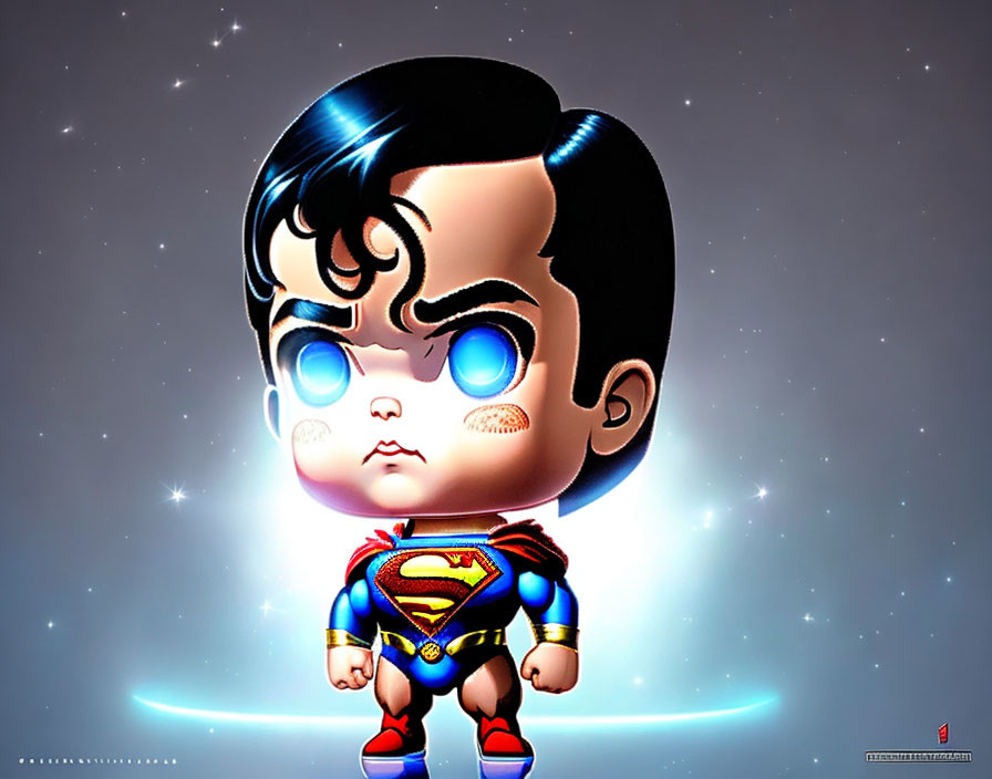 Cartoonish Superman illustration with oversized head and glowing aura