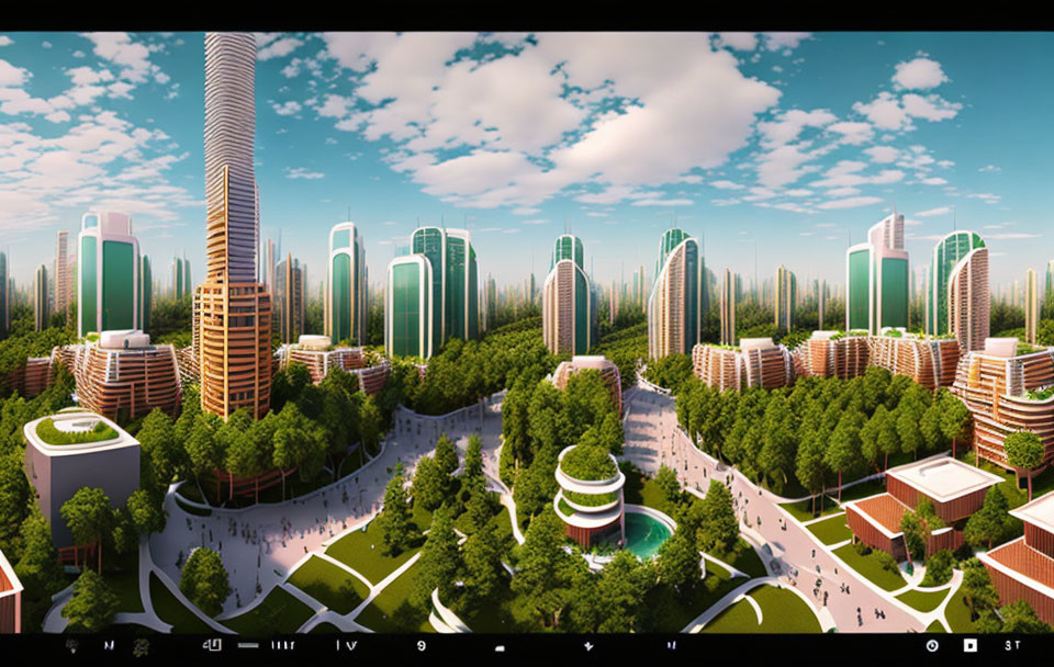 Futuristic cityscape with greenery, skyscrapers, spiral tower, and interconnected parks.