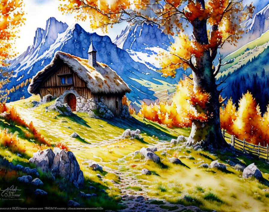 Scenic painting: Cottage, sheep, autumn trees, mountains