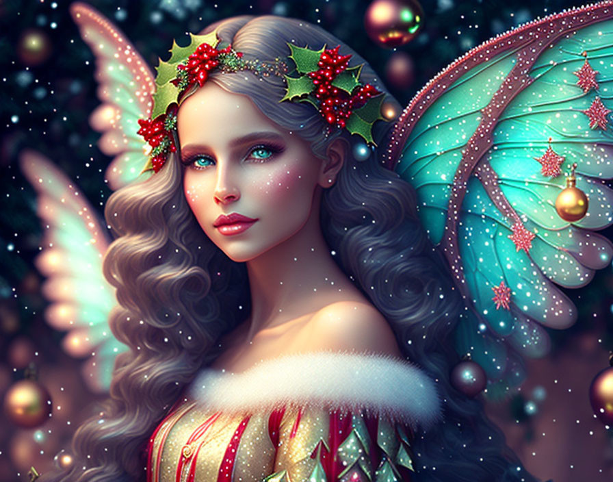 Iridescent fairy with holly and Christmas ornaments on starry backdrop