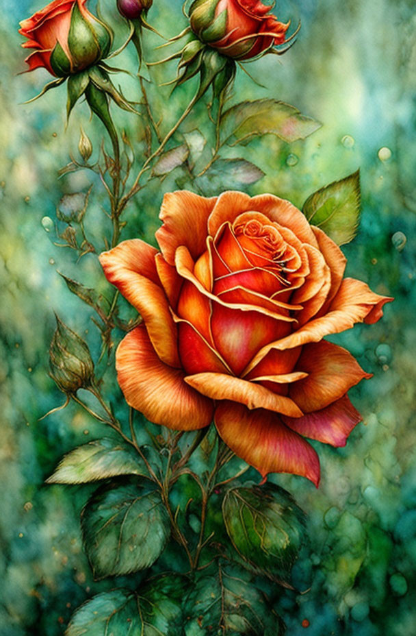 Colorful painting of blooming orange rose with dewdrops, rosebuds, and bokeh background